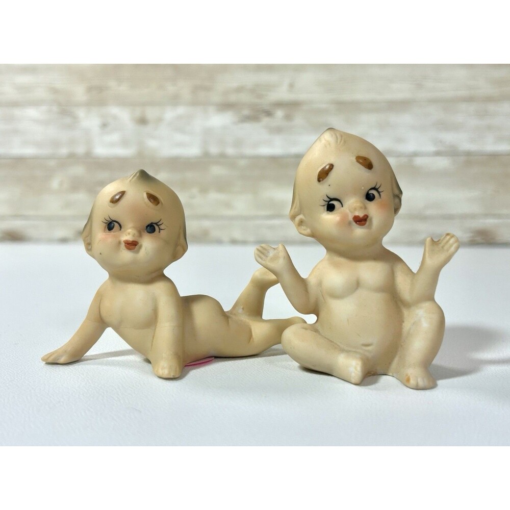 Set of 2 Bisque Ceramic Figurines Lefton Kewpie Piano Babies